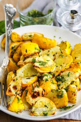 plated Roasted Patty Pan Squash with herbs