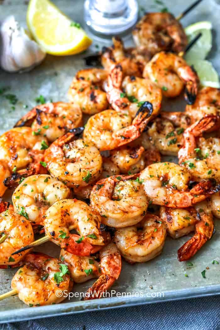 Garlic Grilled Shrimp skewers on a baking sheet