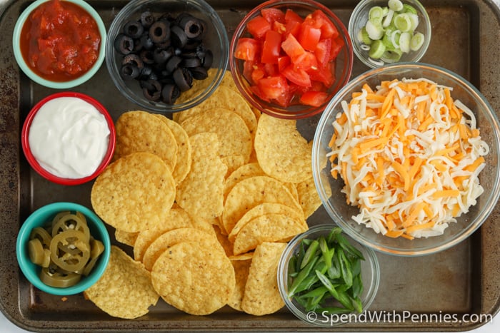 ingredients to make Air Fryer Nachos on a baking sheet