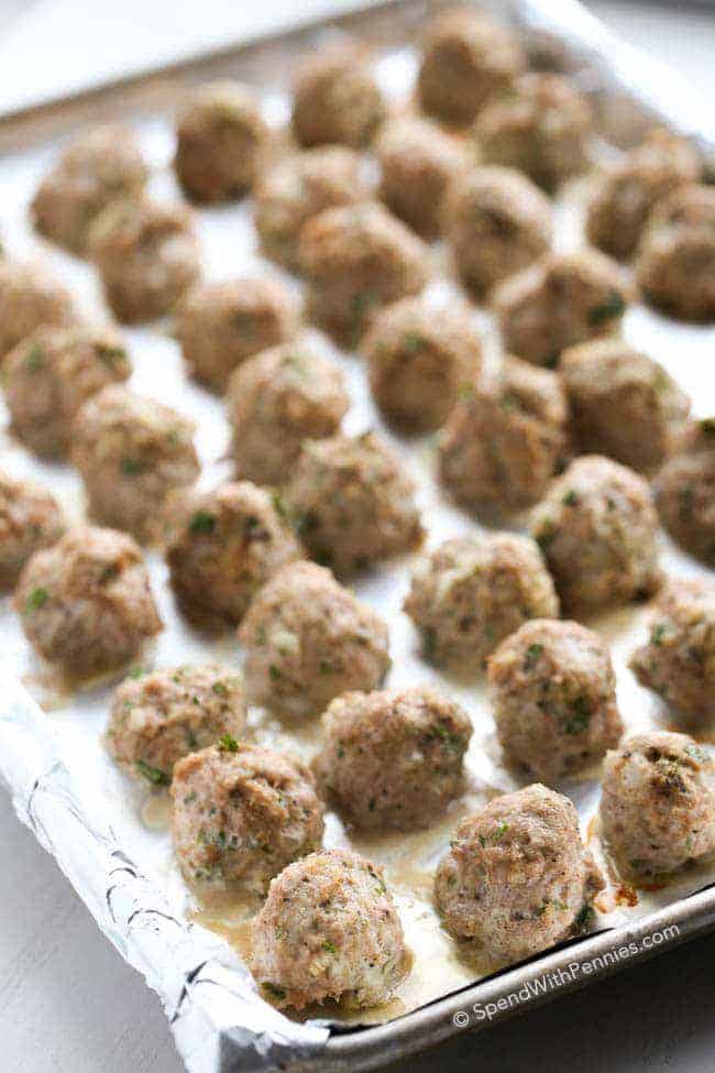 Sheet pan full of turkey meatballs