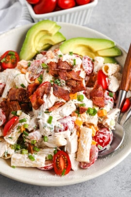 close up of plated Bacon Ranch Pasta Salad