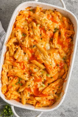 top view of cooked Buffalo Ranch Pasta Bake