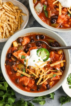 top view of Chicken Taco Soup in a bowl