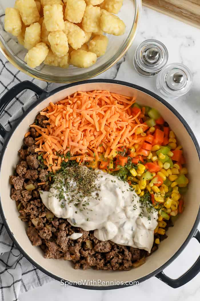 Ingredients to make classic tater tot casserole in a pot