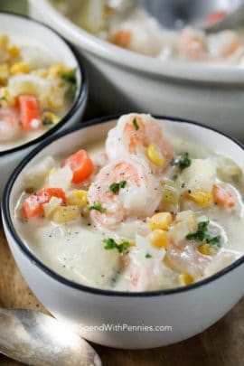 Creamy Shrimp Chowder in a white bowl