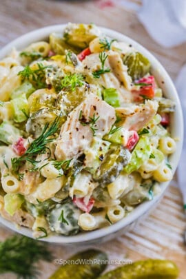 top view of Dill Pickle Tuna Macaroni Salad in the bowl