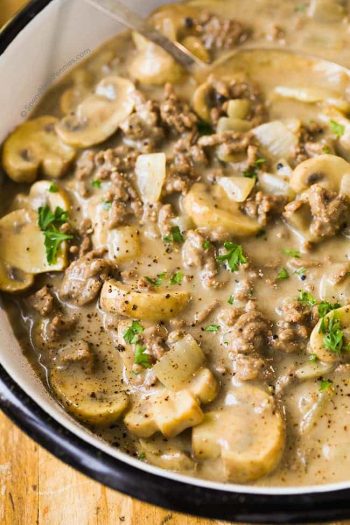 ground beef stroganoff in a serving dish