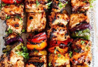 Overhead shot of grilled hawaiian chicken kabobs