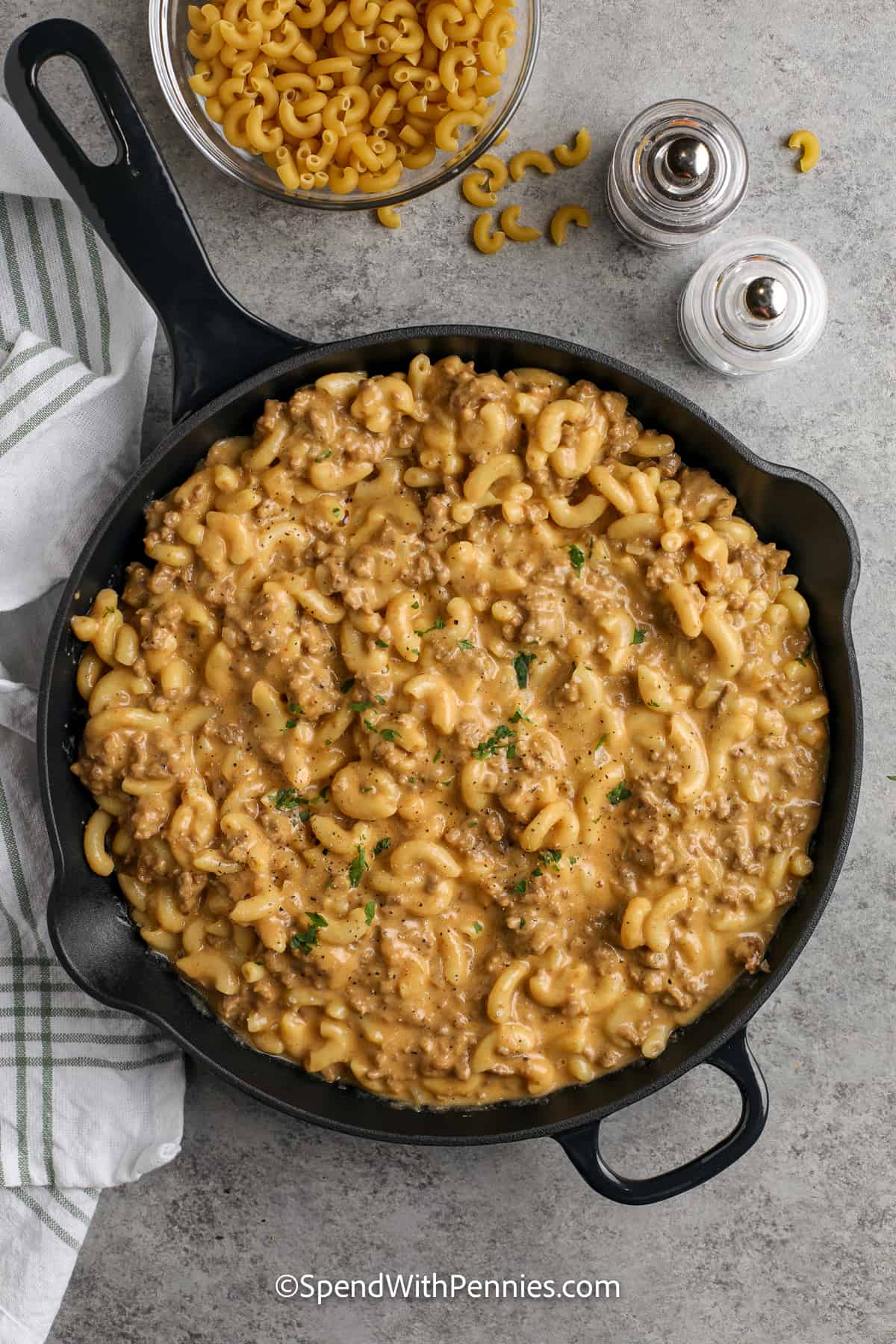 one pot hamburger macaroni in a cast iron pan