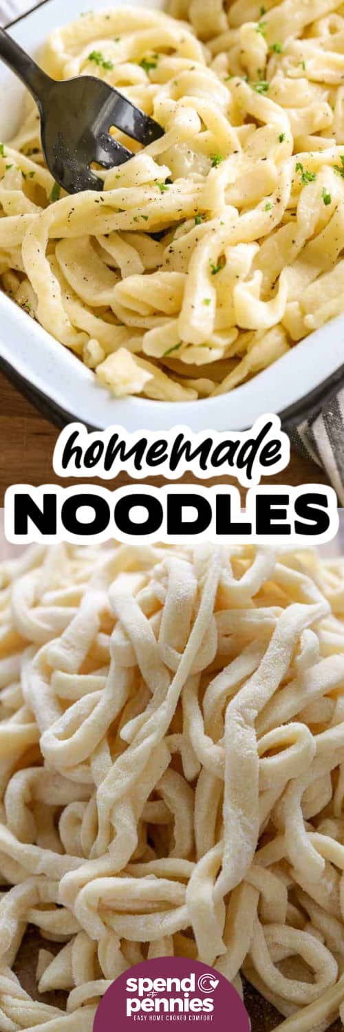 Egg Noodles before cooking and plate dish with a title