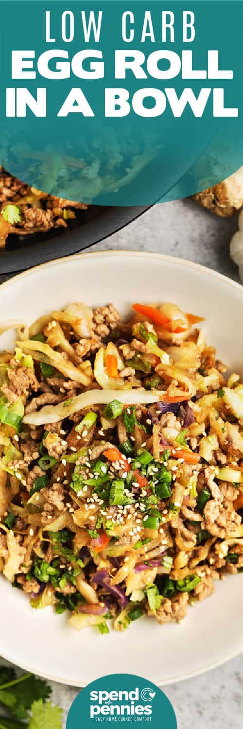 A serving of egg roll in a bowl with text