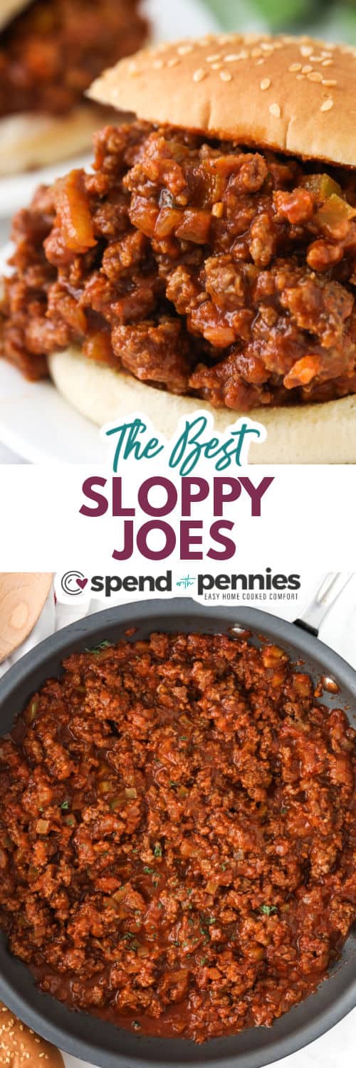 filling for Sloppy Joes cooking in the pan and plated dish with a title