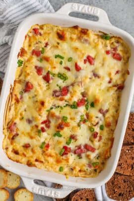 Reuben Dip in a white dish