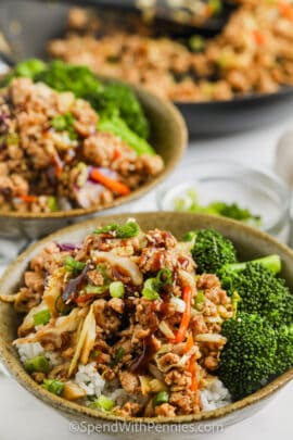 Sesame Ground Turkey Bowls in bowls with sauce