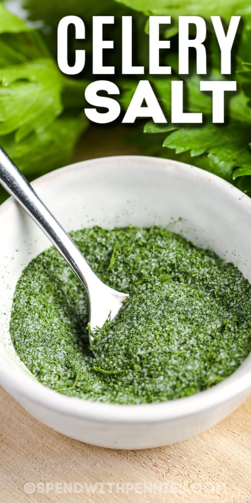 celery salt in a bowl with text