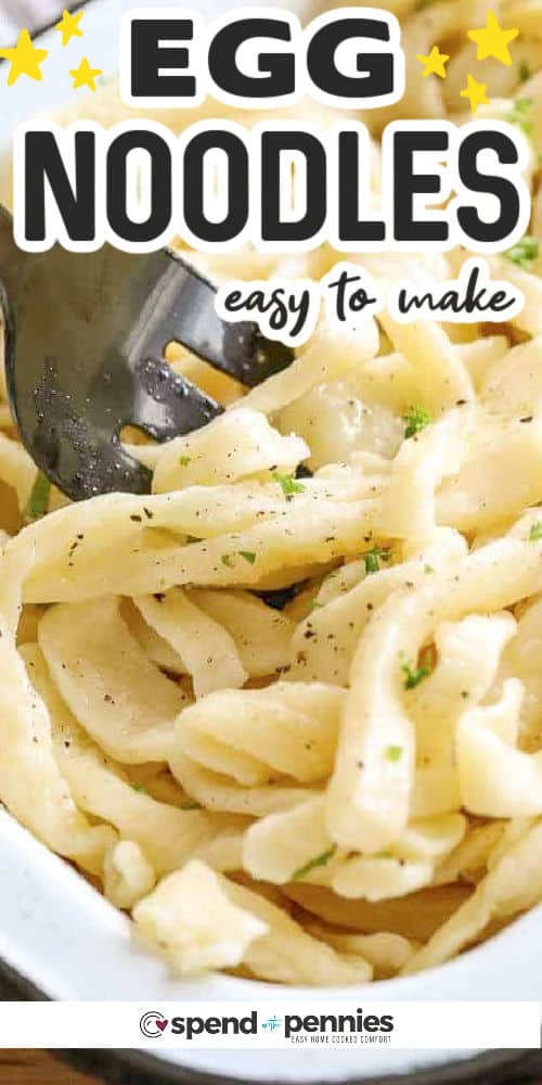 close up of Egg Noodles with a title