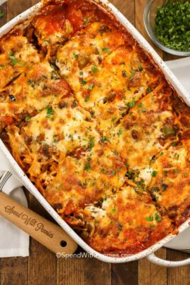 Overhead shot of Baked Spaghetti in white baking dish