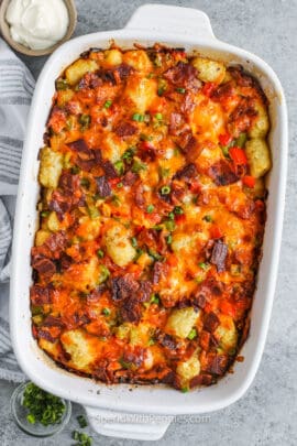 Tater Tot Breakfast Casserole in a dish